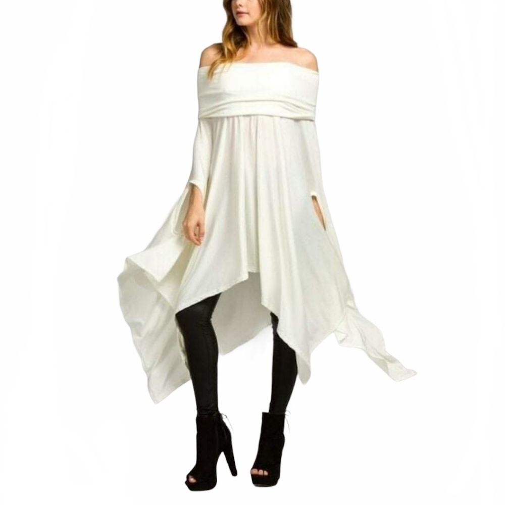 Off The Shoulder Asymmetrical Handkerchief Hem Poncho Tunic Top One Size NWOT